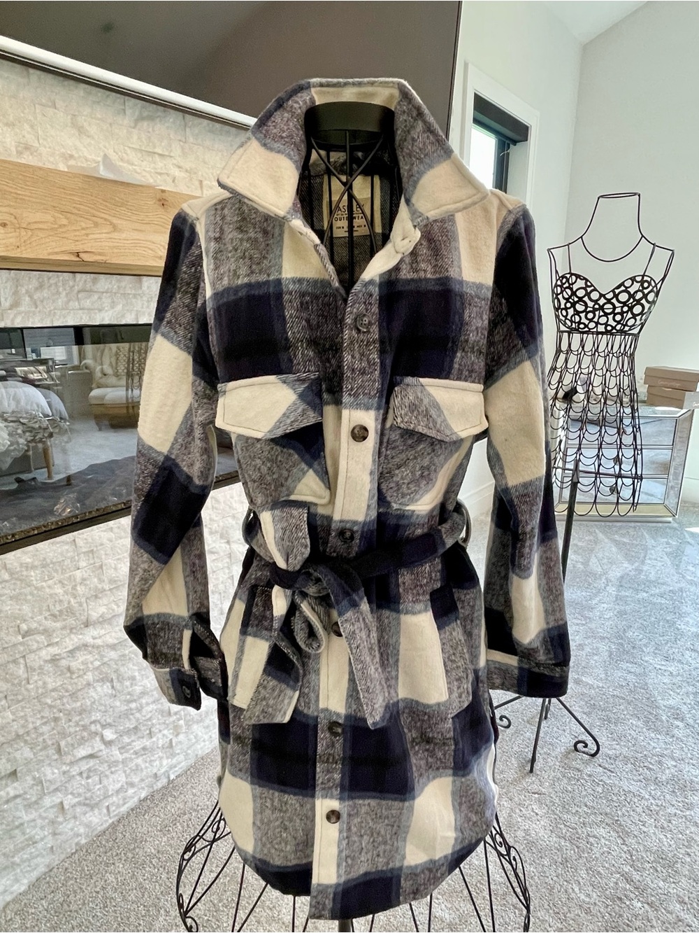 Ashley By 26 International Navy and Cream Plaid Belted Utility Jacket